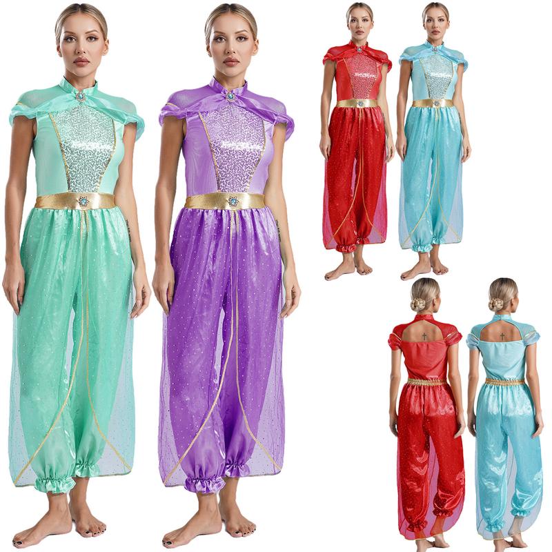 dPois Women Girls Arabian Princess Rompers Belly Dance Costume Cosplay Halloween Adult Fancy Dress Up 6