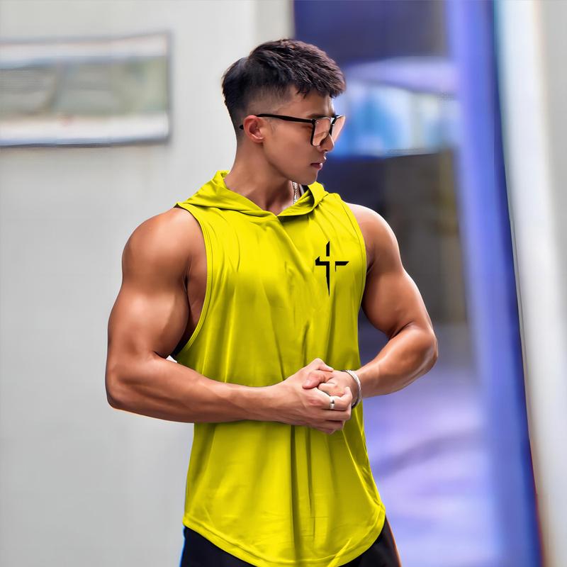 Product Introduction of Men's new hooded vest sports comfort fitness exercise running quick-drying vest print new multi-color 7