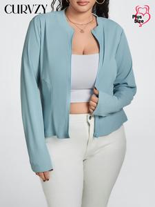 CURVZY Plus Size Solid Zip Up Jacket, Casual Long Sleeve Outerwear for Spring & Fall, Women's Clothes for Daily Wear