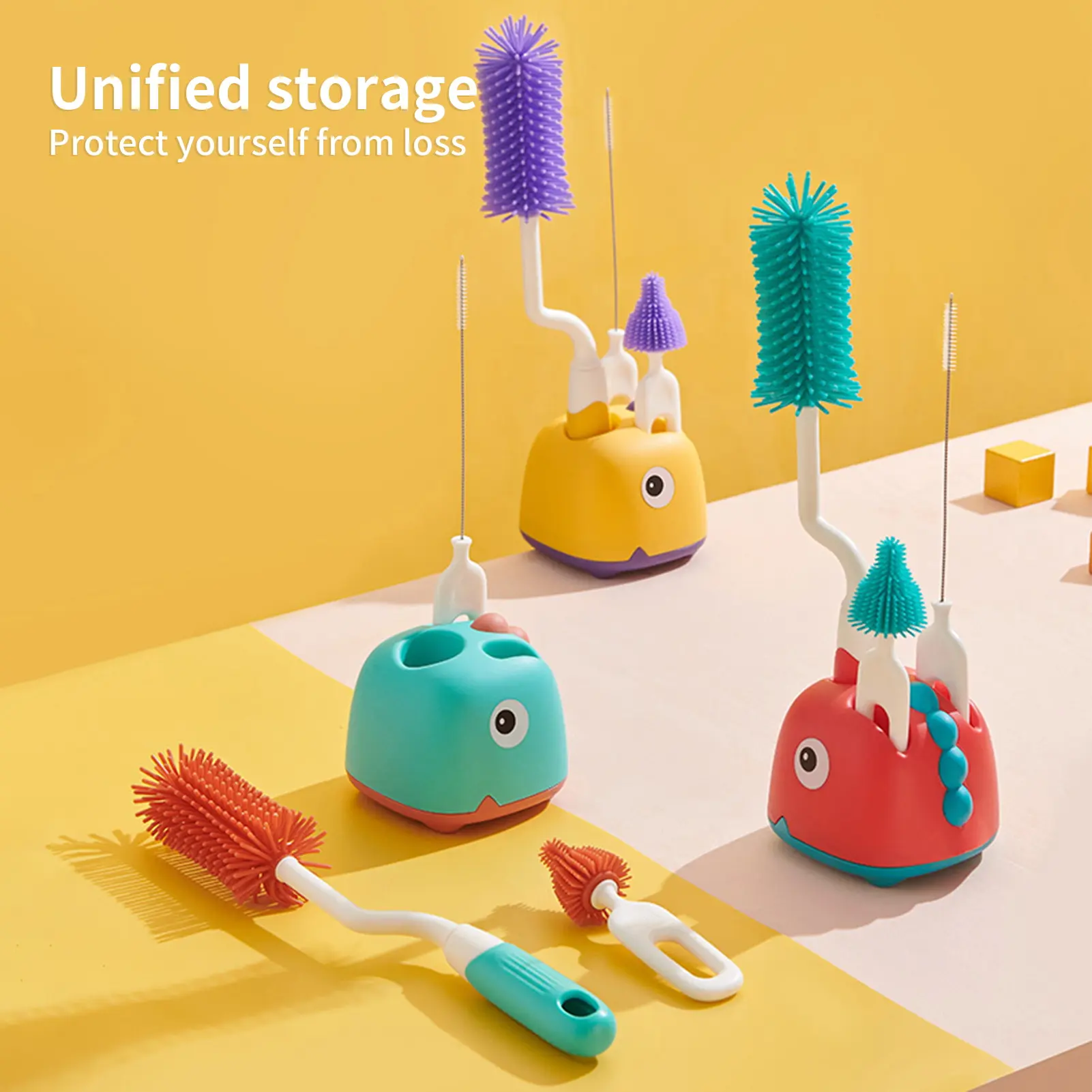 1 Set Bottle Brushes Storage Base Tail Water Outlet High Temperature Resistance Removable Hygienic Clean Straw Silicone Cartoon Shape Baby Bottle Brushes Baby Supplies