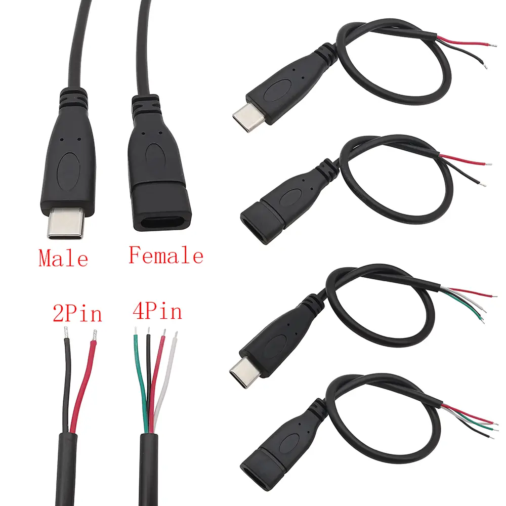 USB Type C Male Female Plug Power Supply Charger Connector 2 Pin 4 Pin USB-C DIY Repair Cable Welding Type Wire 0.25M 1M 2M