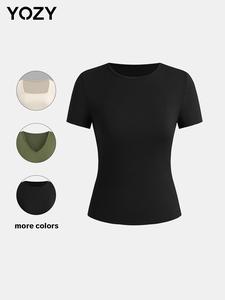 YOZY Women's Plain Ribbed Tee, Casual Slim-fitting Short Sleeve T-shirt, Ladies Summer Clothes for Daily Wear
