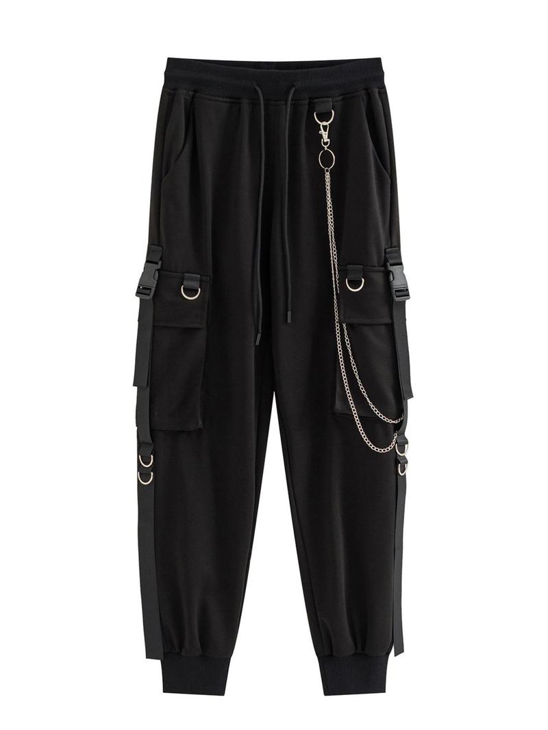 Product Introduction of Men's Chain Decor Pocket Drawstring Waist Pants, Street Fashion Casual Loose Trousers for Daily Wear, Men's Bottoms for All Seasons 6