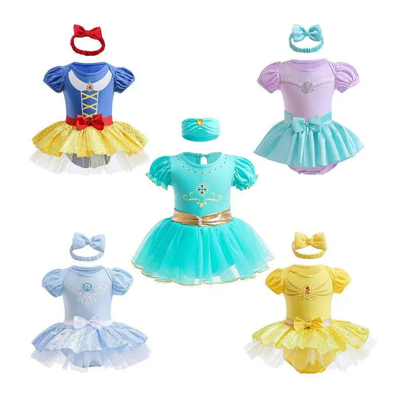 Elsa Anna Princess Romper Newborn Baby Girls Bow Birthday Party 2PCS Clothes+Headgear Snow White Mermaid Cartoon Costumes