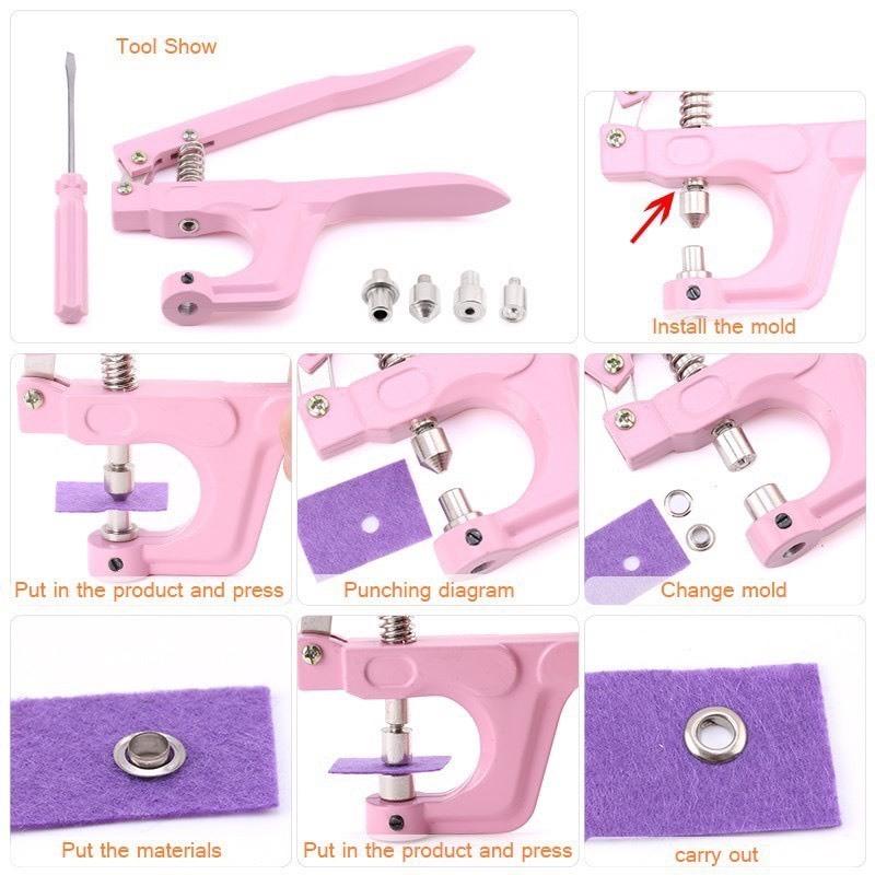Bộ dụng cụ kìm bấm khoen ore đa năng kèm 300 khoen mắt cáo cho may mặc , quần áo , giày da , túi xách 2