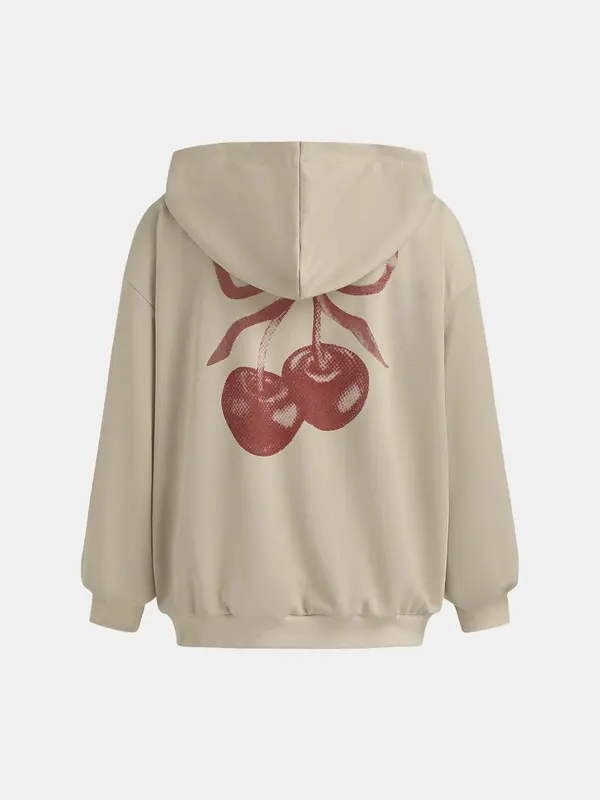 YOZY Women's Cherry Print Drop Shoulder Hoodie, Fashion Casual Long Sleeve Hooded Sweatshirt for Daily Holiday Outdoor Wear, Women Clothing for Fall & Winter 1