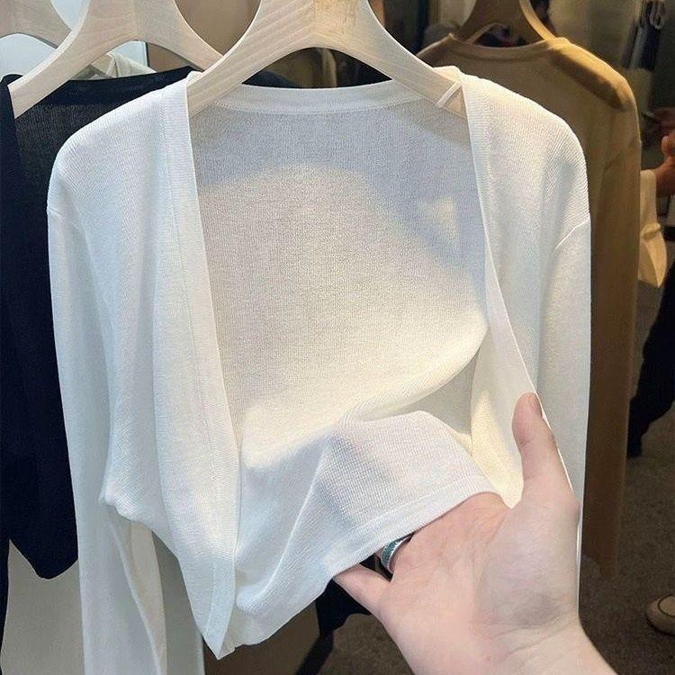 Áo Cardigan Chống Nắng Dệt Kim Lụa Lạnh Ngắn Màu Trắng, Váy Hai Dây Mùa Hè Của Phụ Nữ, Có Thể Mặc Ngoài Trời, Áo Khoác Vải Tuyn, Áo Cánh Điều Hòa Không Khí, [Thanh Toán Khi Nhận Hàng] Aó khoác hai Găng Tay Đi Váy Suông Kẻ Quần Âu Nam Dép nam quai Áo Polo