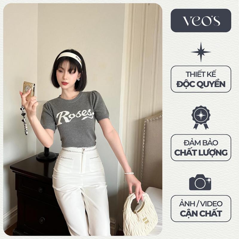 [VEO'S ] Roses Top - Áo Len Montoghi Nữ Mùa Hè Thiết Kế Ngắn Tay Form Ôm Mỏng Nhẹ Màu Xám, Xanh, Vàng, Hồng Đính Khuy Hoa Hồng Đi Làm Đi Chơi Veo's