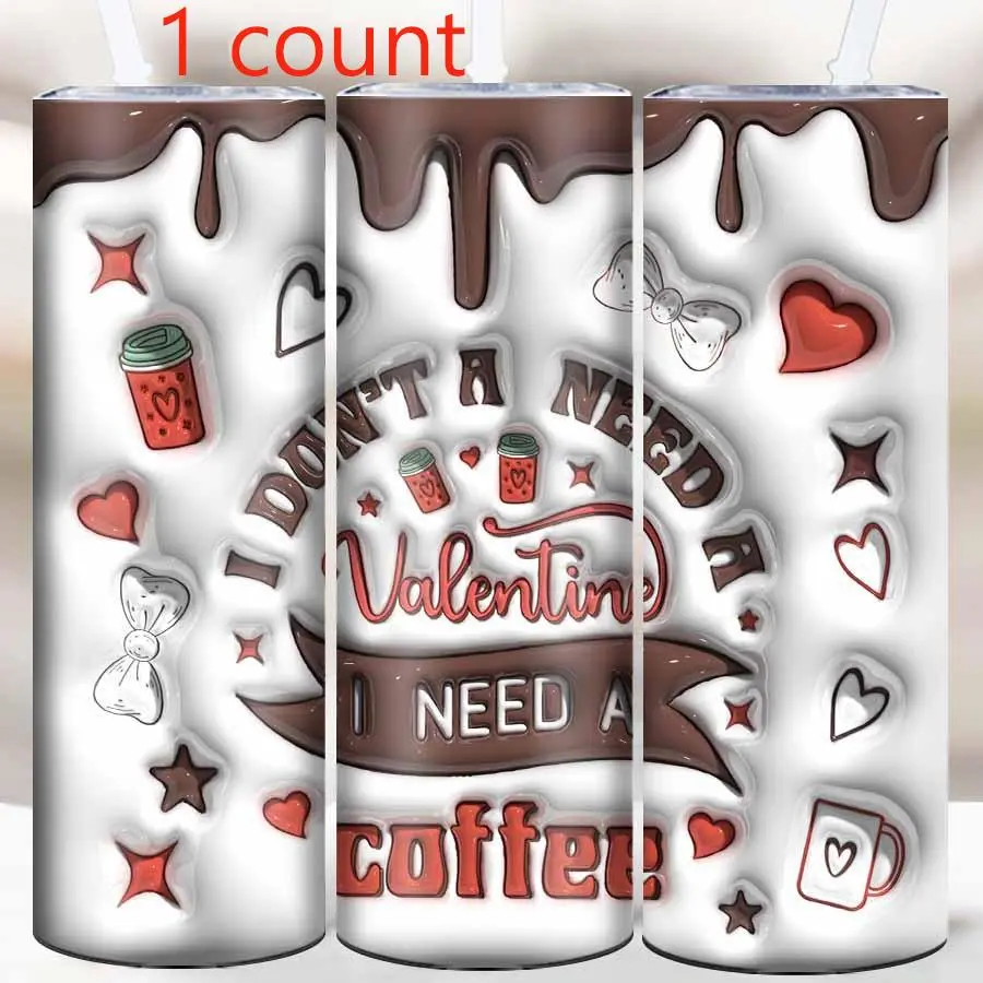 3D Chocolate & Heart Pattern Vacuum Flask, 1 Count 20oz Insulated Coffee Cup with Straw & Cup Cover, Creative Gift for Coffee Lover