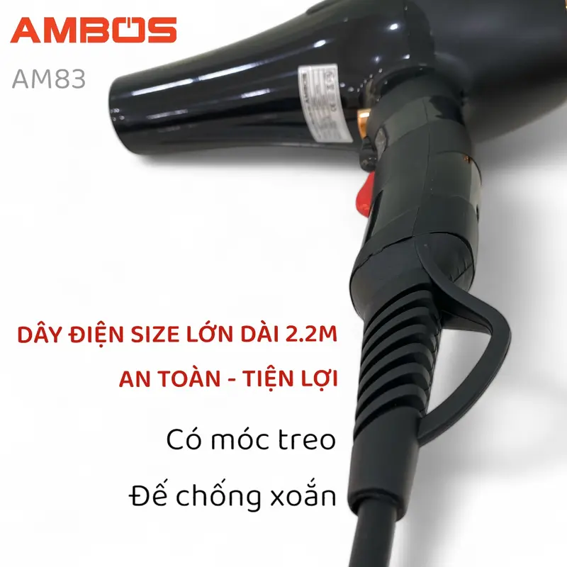 Máy sấy tóc Ambos bản Cao Cấp AM83 sấy 3 mức nhiệt nóng lạnh, ion âm và ánh sáng nano xanh giúp mượt tóc chống khô xơ, có chế độ ngắt bảo vệ quá nhiệt, lực sấy mạnh, bảo hành đổi trả toàn quốc 3