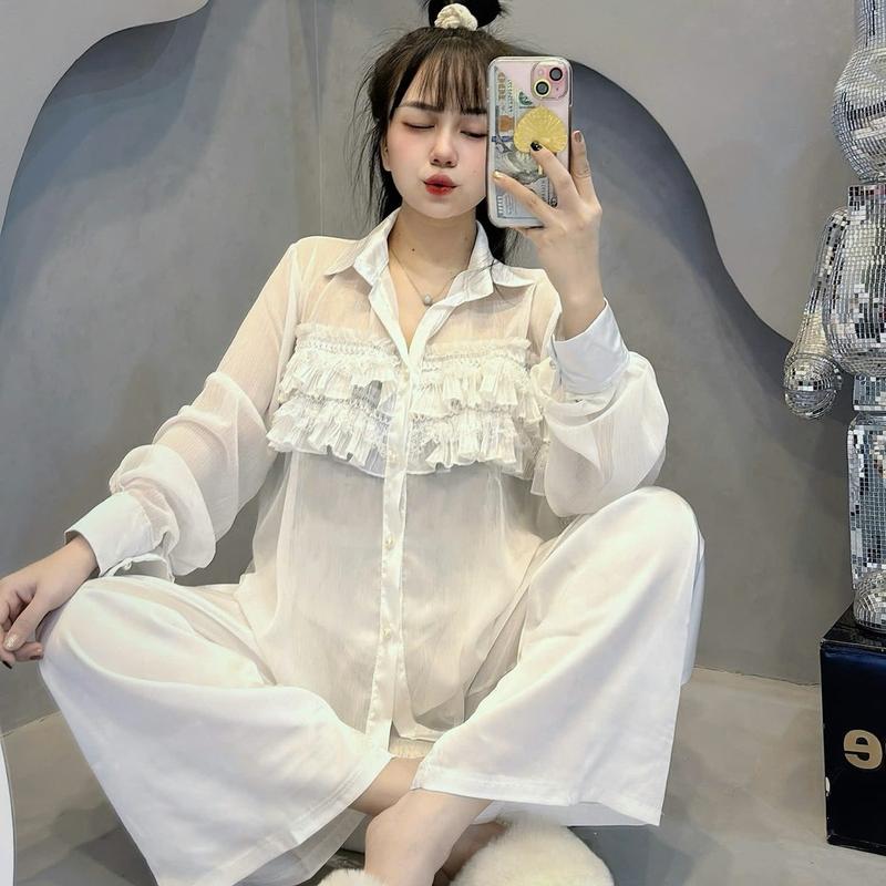 Bộ Đồ Ngủ Nữ Tay Dài Chất Lụa Latin Mềm Mại Phối Vải Voan Có Lót Trong Freesize Women setdomac nhaxinh pizamanu 2