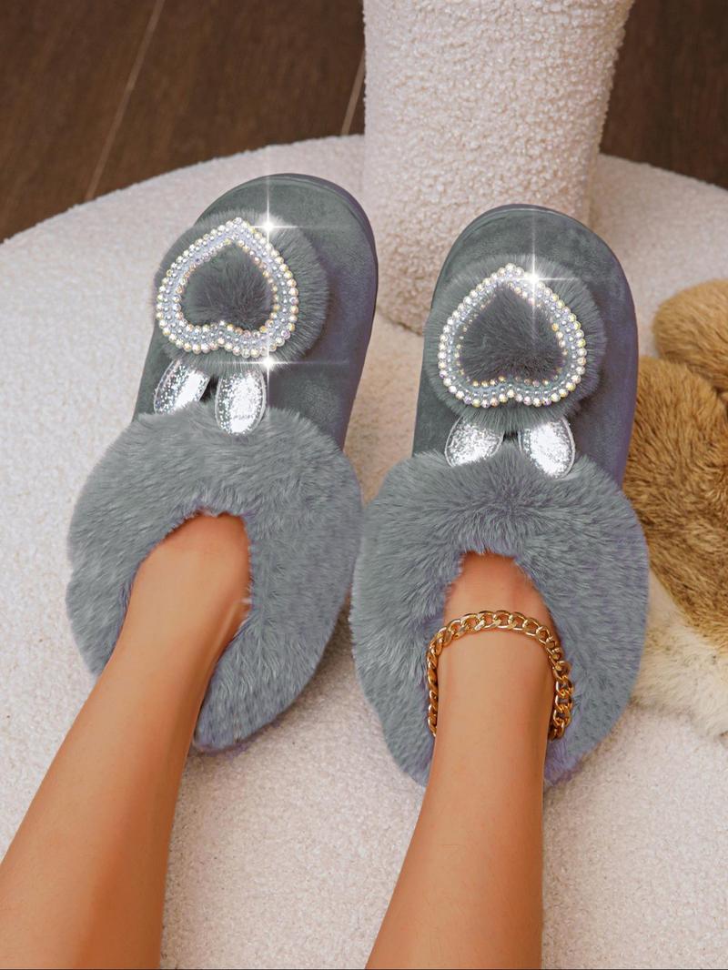 Product Introduction of Women's Cute Rhinestone Heart Decorated Plush Slippers, Casual Soft Comfortable Home Slippers, Warm Slippers for Indoor & Outdoor Use for Fall & Winter 2