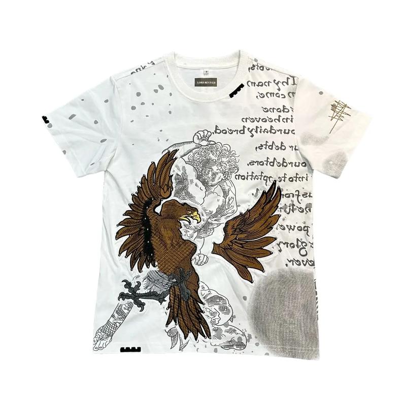 Áo thun nam thêu đại bàng nâu, chất liệu cotton thoáng mát, màu trắng - Menswear Cổ Tròn Nam áo thun Kem