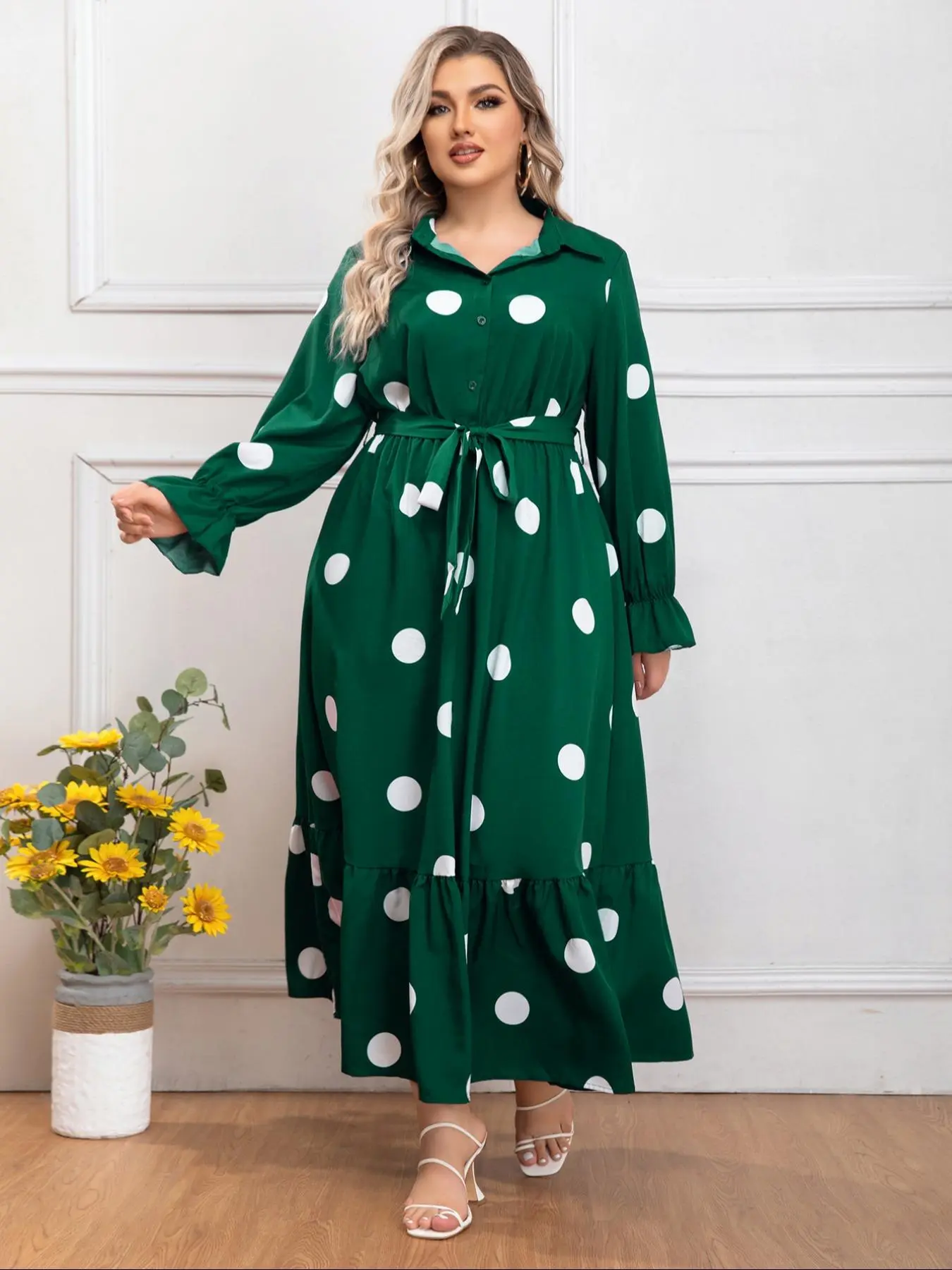 Plus Size Polka Dot Print Button Front Ruffle Hem Belted Shirt Dress, Elegant Fashion Flounce Sleeve Long Dress for Daily Outdoor Wear, Women Plus Clothing for Spring Fall
