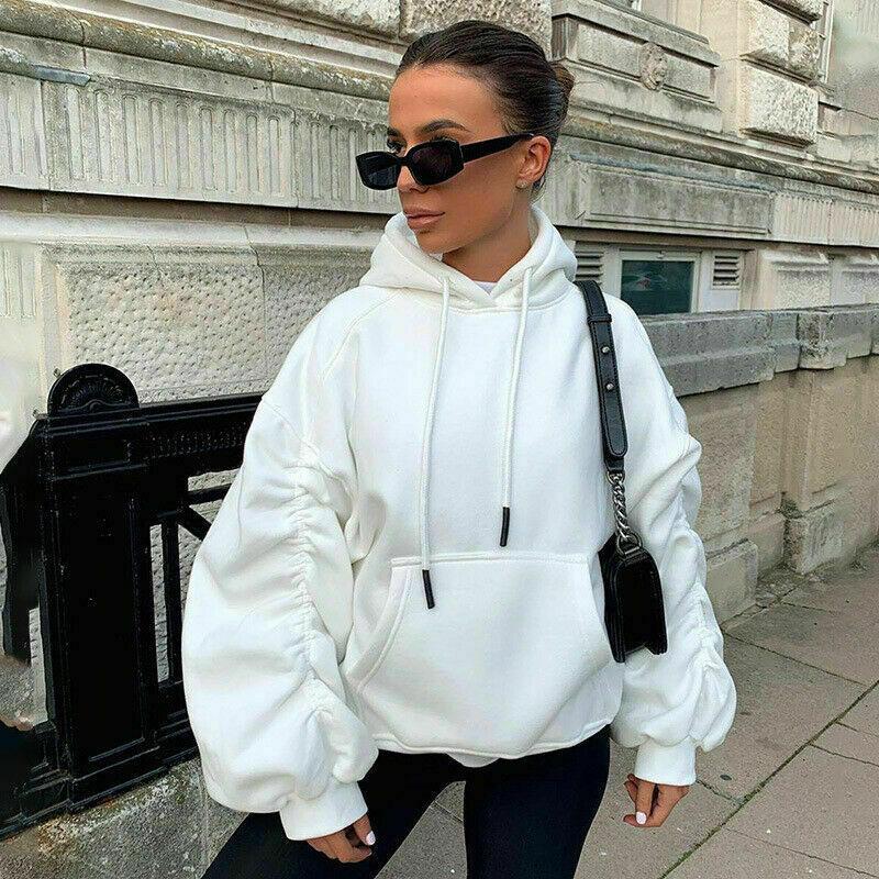 Womens Ruched Sleeve Fleece Oversized Hoodie Top Ladies Sweatshirt Hooded Jumper 5
