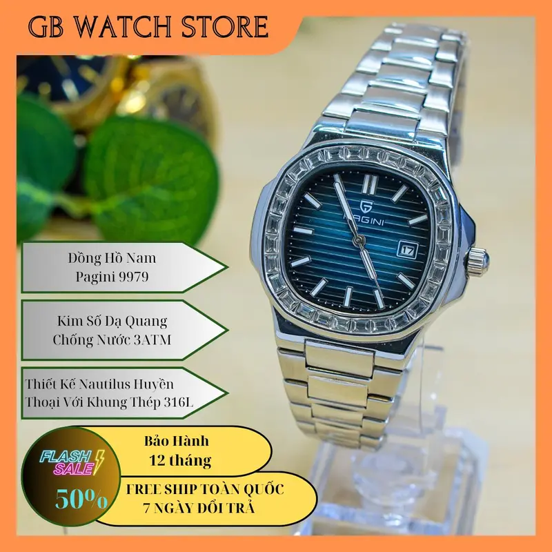 Đồng hồ nam Pagini dáng tàu ngầm Nautilus GBW9979 viền đá mặt vuông dây, khung thép không gỉ chống nước 3atm bảo hành 12 tháng 0