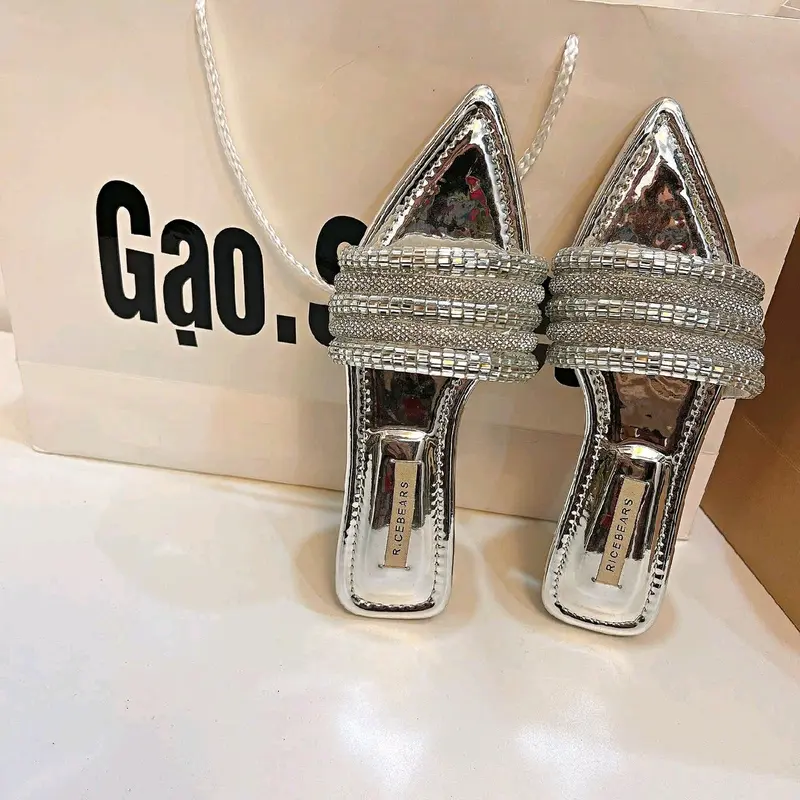 Gạo.Shoes (CÓ BIGSIZE) - Dép Lê Nữ Mũi Nhọn, Quai Ngang Dây Đá So Le, Đế Cao Cấp Chống Trơn Trượt. 5