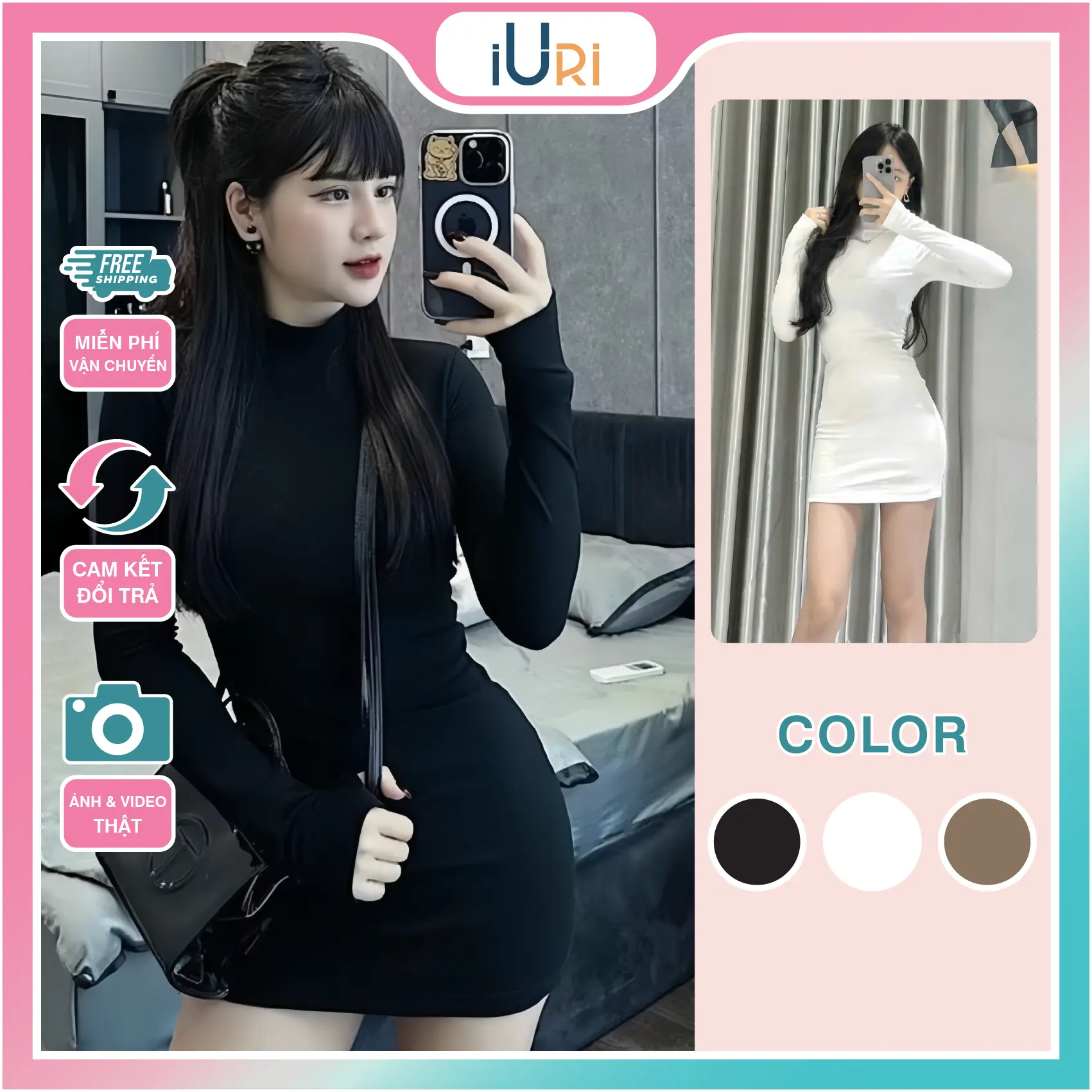 Váy BODY Zip *ĐEN CÓ LÓT LÔNG* LOẠI 1 Cổ 3p DÀI TAY Xỏ Ngón, Co Dãn 4c, siêu Ôm Tôn Dáng Nữ Women Dress
