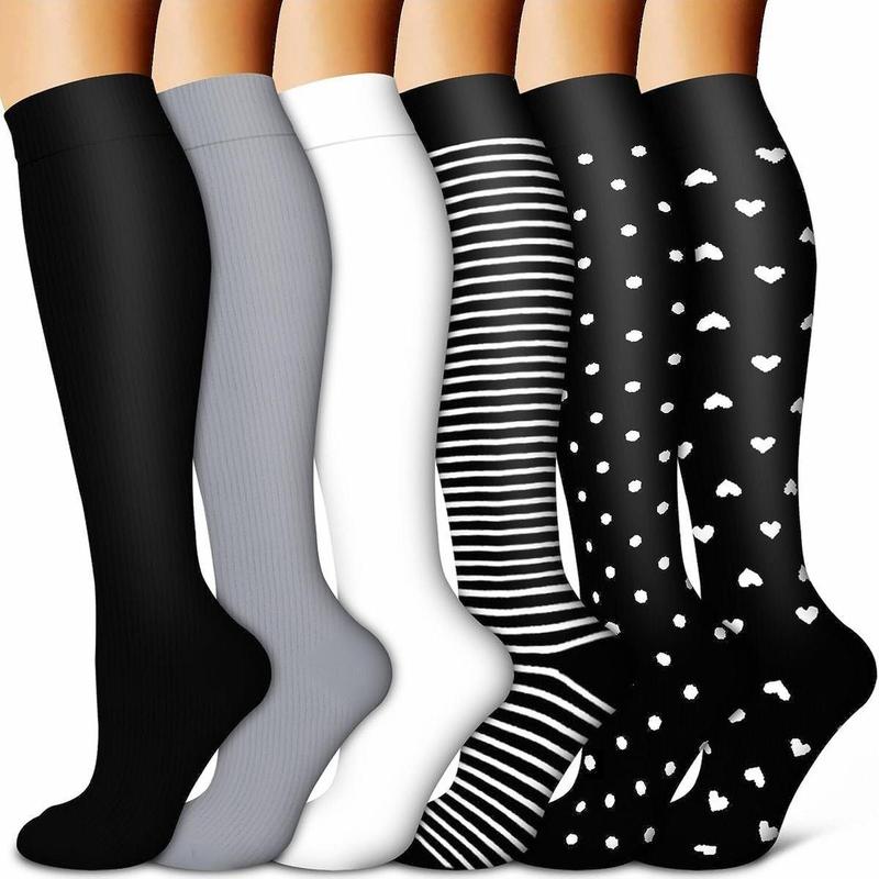 6-pair Set Knee-high Athletic Socks - Striped and Heart Pattern Design, Comfortable and Breathable, Essential for Running and Fitness, Suitable for Daily Wear and Sports, Perfect Gift for Fitness Enthusiasts 0