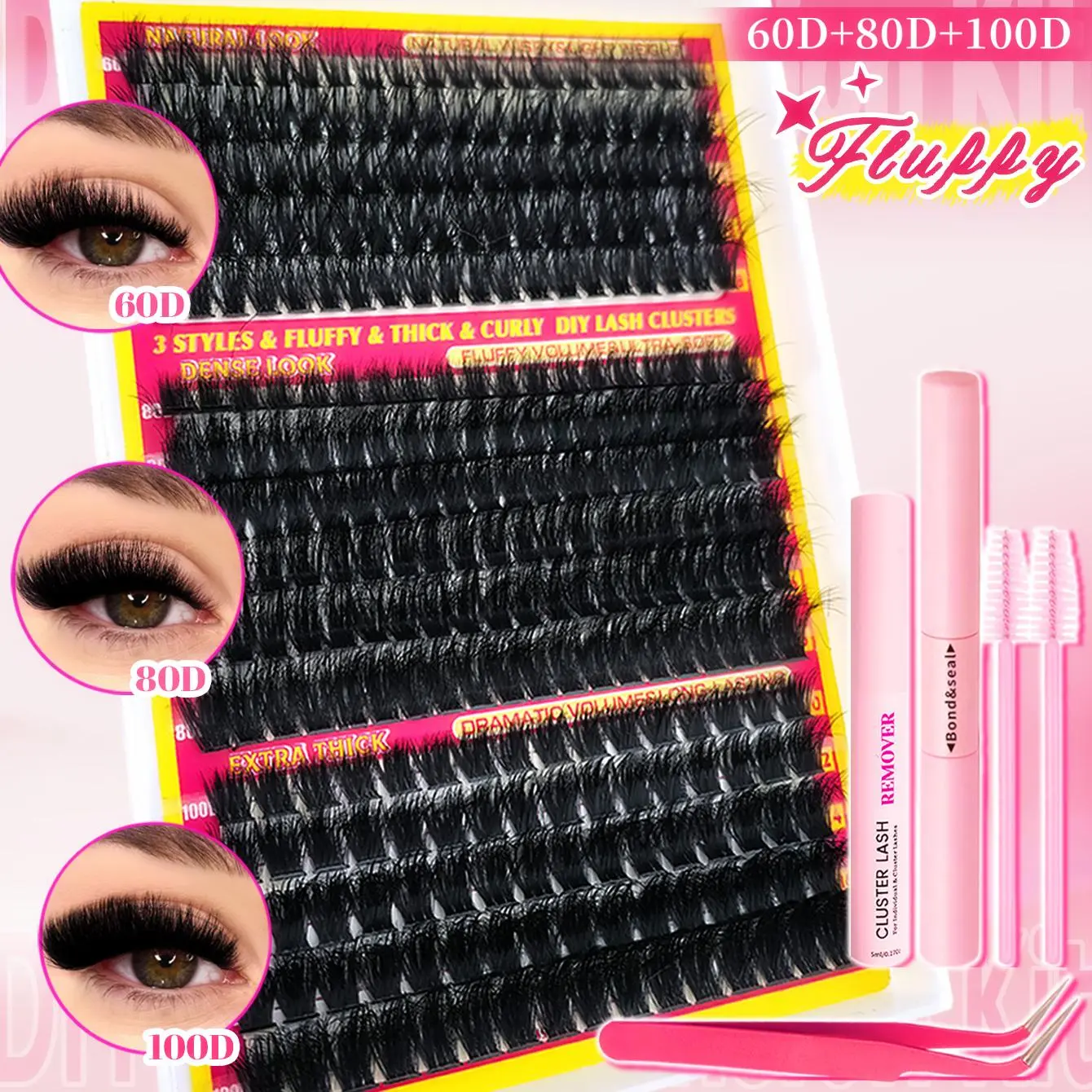 Fluffy Individual Lash Clusters Kit, 1 Set Curl False Eyelashes with Bond and Seal & Lash Remover & Tweezers & 2 Lash Brushes, Eye Makeup Accessories, Cosmetic