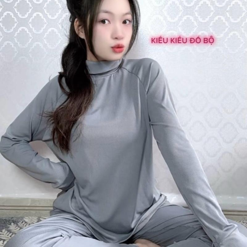 Đồ bộ ủ kem thun gân tăm cổ lọ tăm lạnh -quần ống baggy cạp cao Nữ Women Nhung Áo