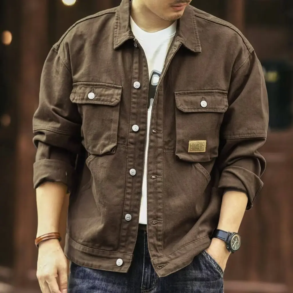 【M-4XL】American Retro denim jacket men's pocket lapel jacket Korean version trendy handsome plus size tooling men's cardigan jacket