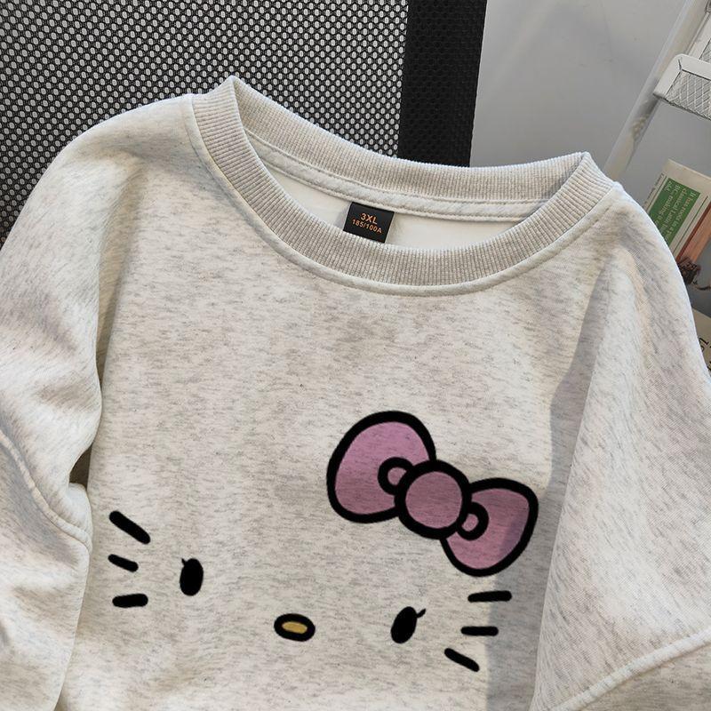 Áo Nỉ In Hình Hello Kitty, Phong Cách Preppy Ngọt Ngào Cổ Thuyền Dành Cho Nữ, Mùa Thu Và Mùa Đông, Đệm Nhung Đại Học Hoang Dã, Dáng Rộng Vừa Vặn, Áo Dài Trung Bình 4