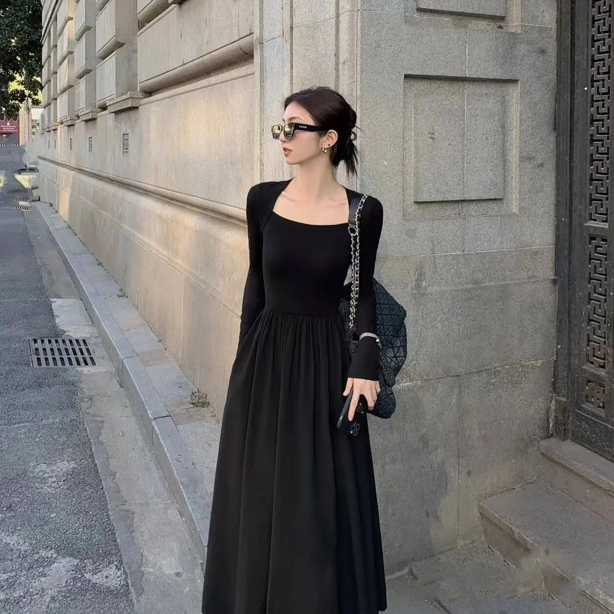 Dress Women Korean Style Fashion Black Square Neck Dress Female Waist Skimming French Medium Length Skirt