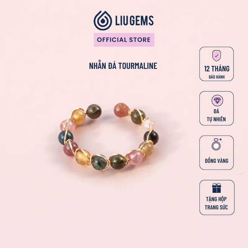 Nhẫn Đính Đá Tourmaline, Labradorite Tự Nhiên Liugems Unisex Đai Hở Đồng Tinh Tế Mang Nhiều Năng Lượng ND01 (Mua một, tặng một hộp đựng trang sức miễn phí) 0