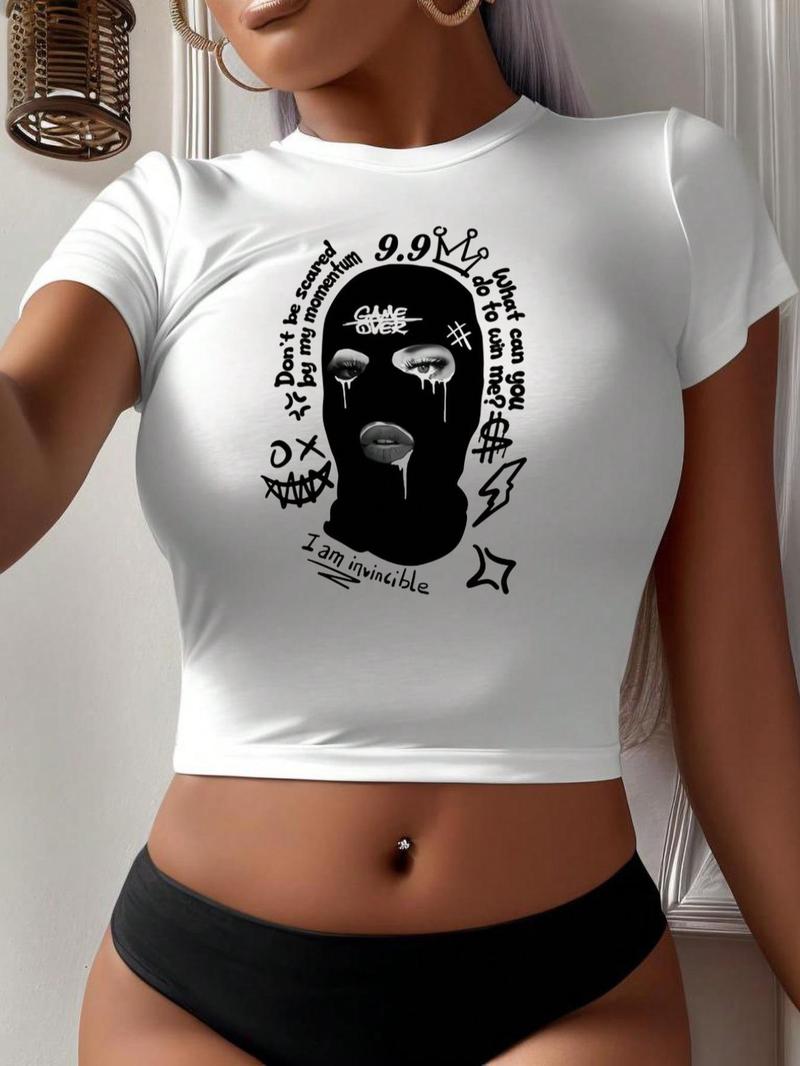 Product Introduction of Women's Figure & Letter Print Round Neck Crop Tee, Casual Short Sleeve  T-shirt for Daily Wear, Ladies Clothes for All Seasons 1