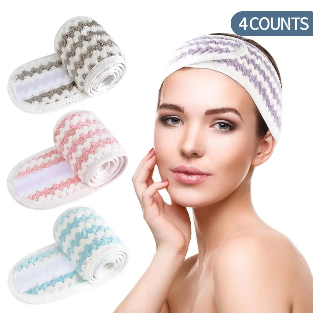 Spa Facial Headband, 4 Counts/set Makeup Hair Wrap, Adjustable Hair Band, Soft Towel Head Band for Face Washing, Shower Sports Yoga