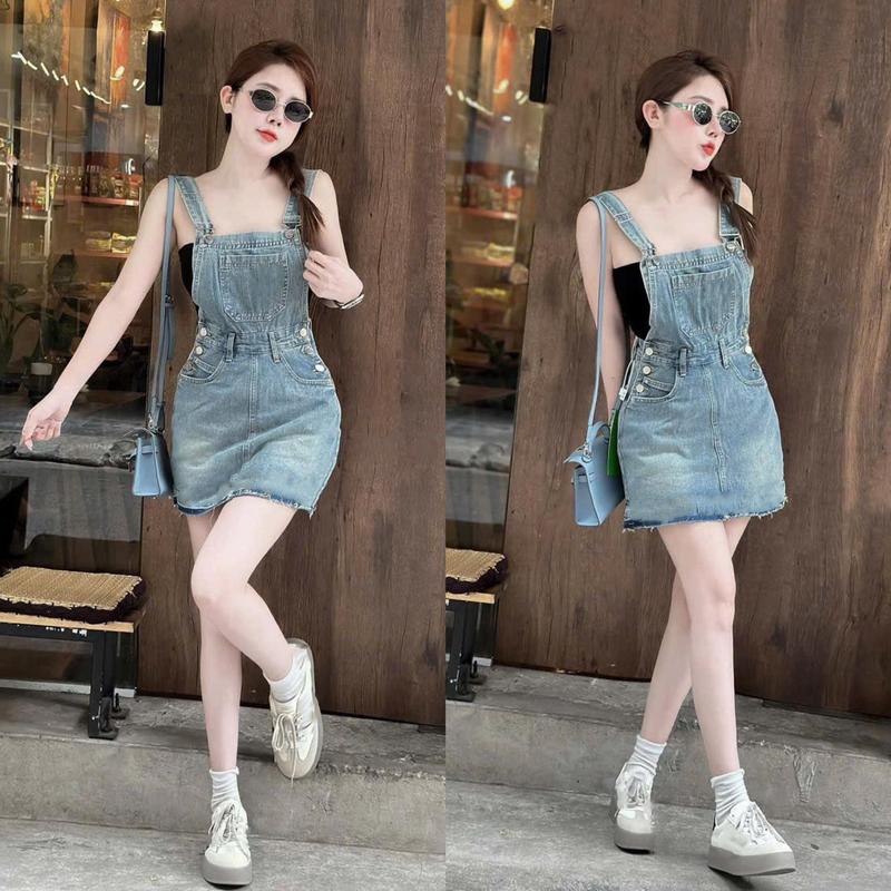 Yếm Váy Chất Jean Set 2 Dây Phối Túi Kèm Áo Trong Thun Tăm cho Nữ Women Voi