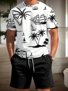 Two-Piece Set Men's Regular Fit Palm Tree & Sailboat Print Short Sleeve Tee & Shorts, Casual Summer Set for Men, Knitting Top & Bottoms