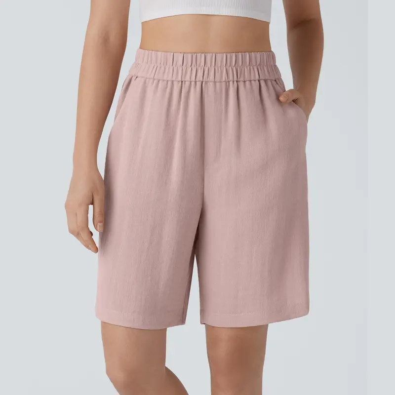 Halara High Waisted Side Pocket Casual Linen-Feel Bermuda Shorts 0