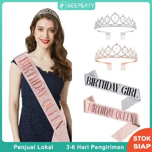 Gadis Ulang Tahun Emas Mawar Ratu Putri Berlian Imitasi Mahkota Satin Selempang Bahu Tali Perak Tiara untuk Perlengkapan Dekorasi Pesta Ulang Tahun
