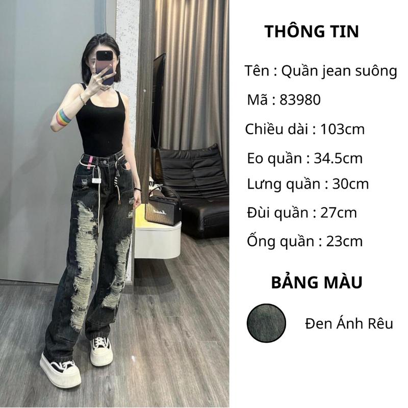 Quần jean rách MELINA (tặng kèm dây) quần jean nữ ống rộng cạp cao màu đậm ánh rêu size S M L gơn phố 83980 quần  jean 1