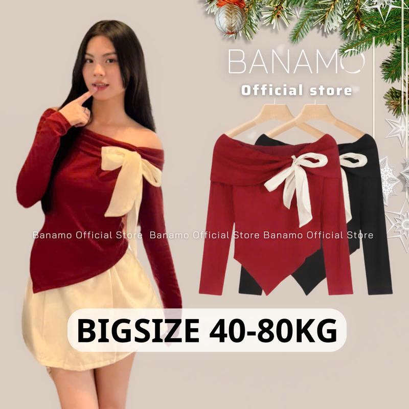 Áo Thun Nữ BIGSIZE Banamo Fashion áo thun dài tay trễ vai phối nơ co giãn thoải mái 3101