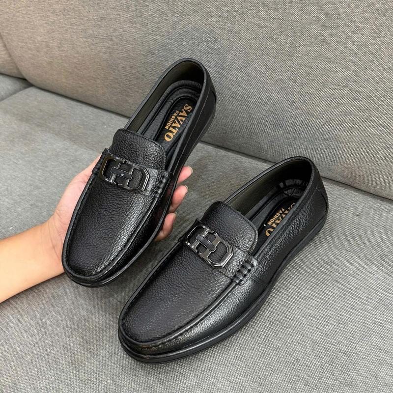 Giày da nam T11 - Giày mọi da bò sần phong cách trẻ trung thoáng chân đế cao su mềm mại bền bỉ ĐEN Tâm Shoes 01