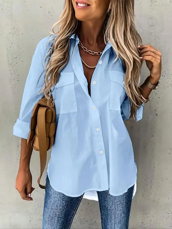 【Plus Size】 Solid Color Rolled Sleeve Button Up Shirt, Casual Curved Hem Top for Spring & Fall, Women's Clothes for Daily Wear 1