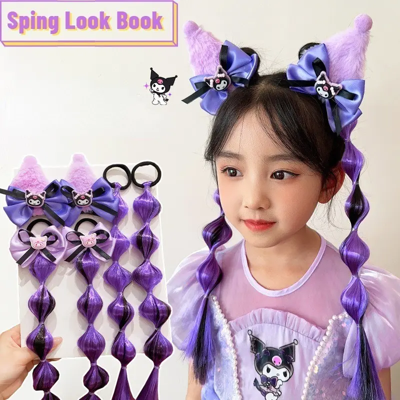 Kawaii Sanrios Kuromi Hand Made Black Purple Ear Headband Kc Lolita Hair Accessories Cane Girl Cartoon Jk Bow Hairpin Headdress hapi  ribbon