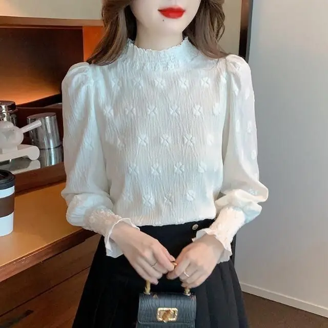 Áo Voan Tay bồng Dành Cho Nữ, Thời Trang Thu Đông, Phong Cách Mới, Trẻ Trung, Áo Lót, Cổ Lọ, Áo Sơ Mi Lớp Nền Ren, Xu Hướng Năm 2025 áo  babydoll  tay  dày  phồng áo  trễ  vai  đỏ Bộ Quần Áo