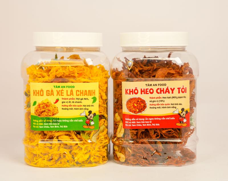 Combo 2 Hũ Khô Heo Cháy Tỏi - Khô Gà Lá Chanh Đậm Vị Thơm Ngon Từng Sợi, Ăn Là Ghiền Trọng Lượng 1kg Snack Food Thức Ăn Ăn Vặt