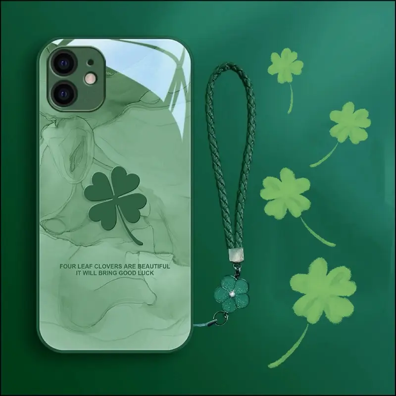 Ốp Điện Thoại Cỏ Bốn Lá, Thiết Kế May Mắn, Tương Thích Với iPhone 14 Pro Max / 14 Plus / 13 Pro Max / 12Pro Max / 11 Pro Max / XS Max / XR, Ốp Điện Thoại Xu Hướng Chống Sốc, Chất Liệu Kính, Keo Mềm TPU 0