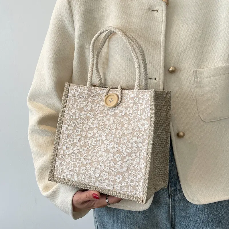 Internet celebrity handbag, burlap bag, women's western-style style, go to work, carry bento bag, Japanese ins small shoulder bag