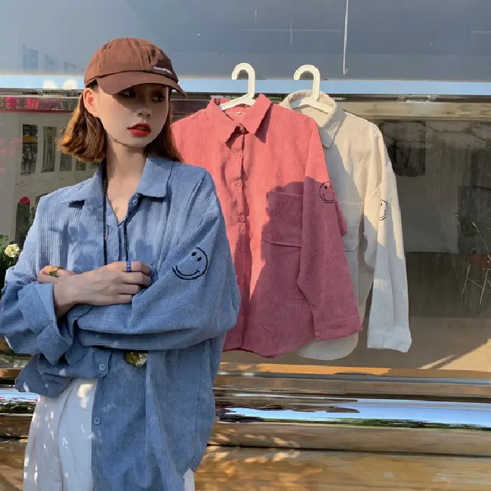 Kemeja Lengan Panjang Wanita Korean Style Blouse Corduroy Shirt Oversize Import Baju Atasan retro casual Kerah Katun Dewasa Cewek