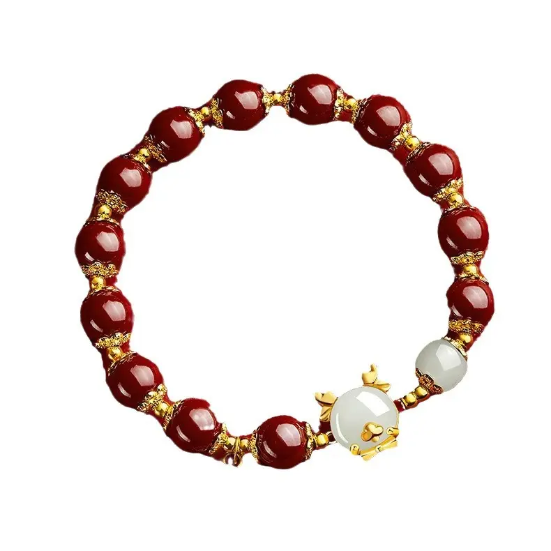 Imitation Hetian Jade Zodiac Dragon Bracelet for Women Dragon Year Cinnabar Beaded Bracelet Gift for Girlfriend Wife New Year Present