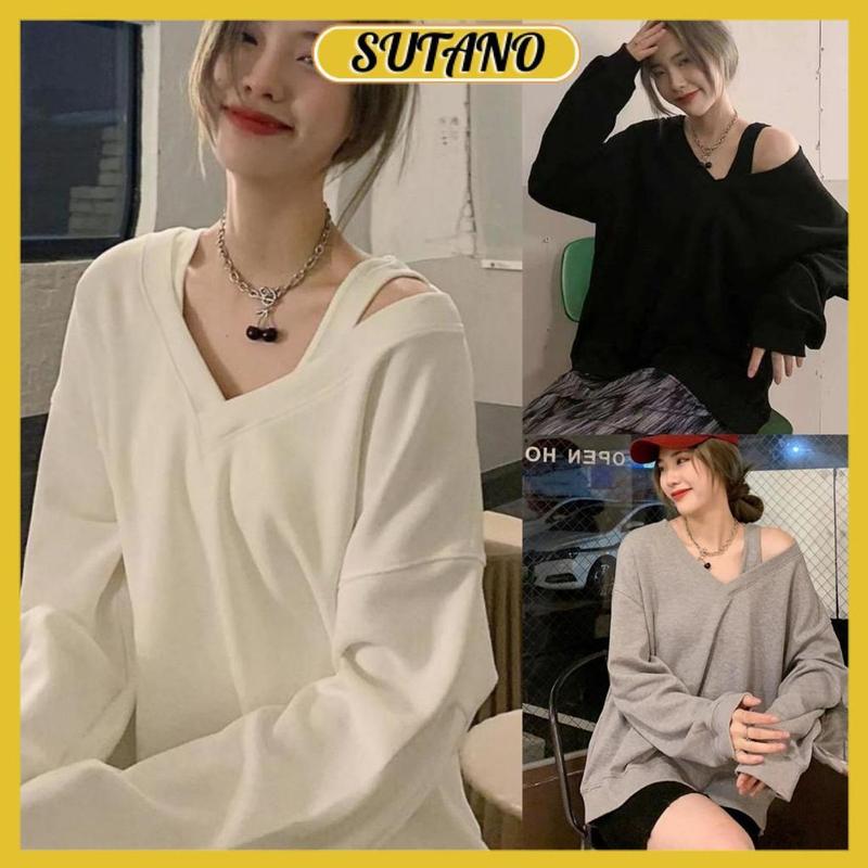 Áo nỉ sweater trễ vai dáng rộng phối dây trẻ trung phong cách hàn quốc,áo kiểu nữ chất nỉ cotton đẹp A128 SUTANO