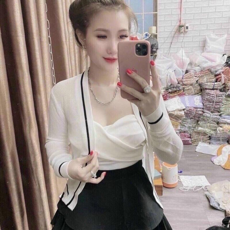 AK002 Áo khoác Cardigan thun gân len phối viền áo khoác mỏng đi biển dự tiệc sang trọng xinh sắn Nữ