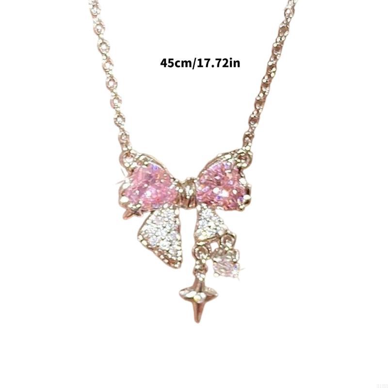 Product Introduction of Explosive Network Red Pink Bright Bow Necklace Ins Students Sweet Cool Girl Clavicle Chain with Light Luxury Senior Sense of Summer 5
