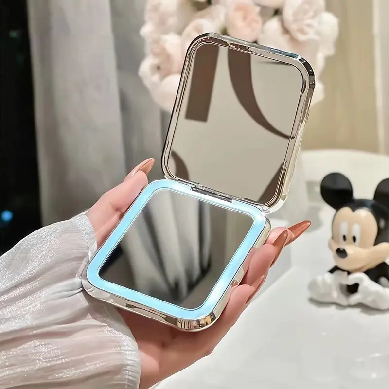Gương Trang Điểm Mini Gấp Gọn, Có Đèn LED, Phóng Đại 2X, Kích Thước Bỏ Túi Nhỏ, Cầm Tay, Thích Hợp Đi Du Lịch, Gương Mỹ Phẩm, Có Cáp Type-C, Có Thể Sạc Lại 8